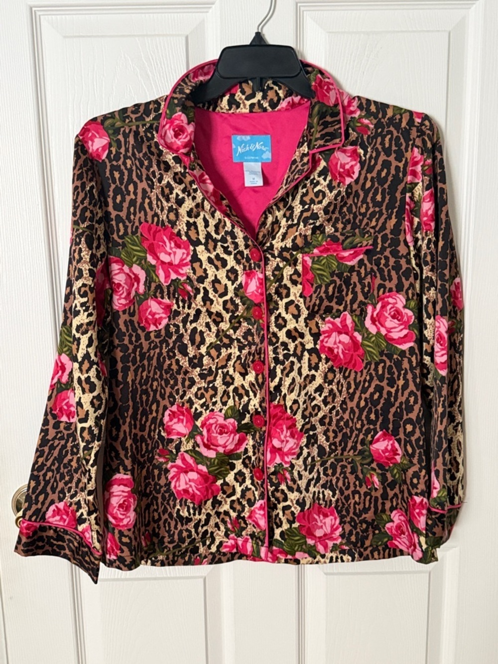 Nick & Nora Floral Leopard Print Satin sleepwear pajama top - Pink floral medium